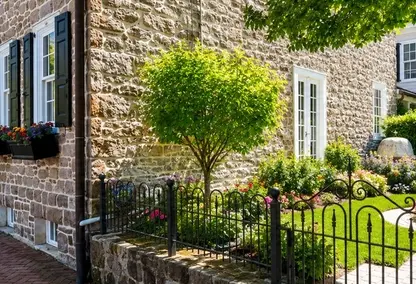 Historic building and landscaped garden in Newtown, Pennsylvania.