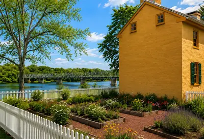 Historic building, bridge, and Delaware River in Washington Crossing.