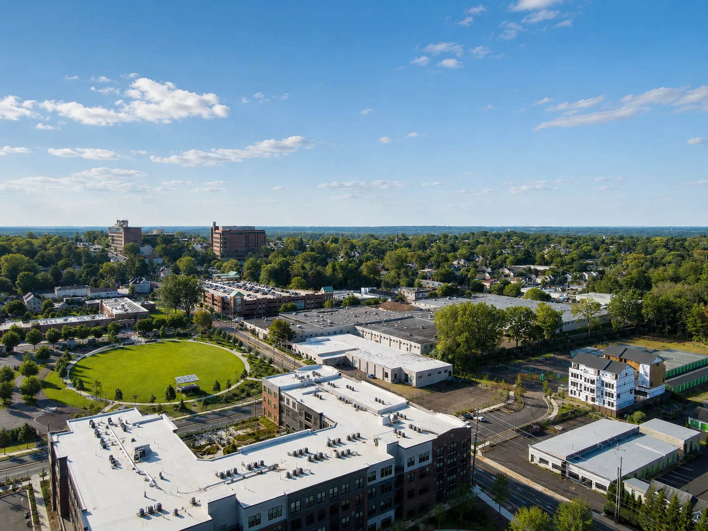 Aerial view of 280 North at Doylestown beside Broad Commons Park and downtown Doylestown