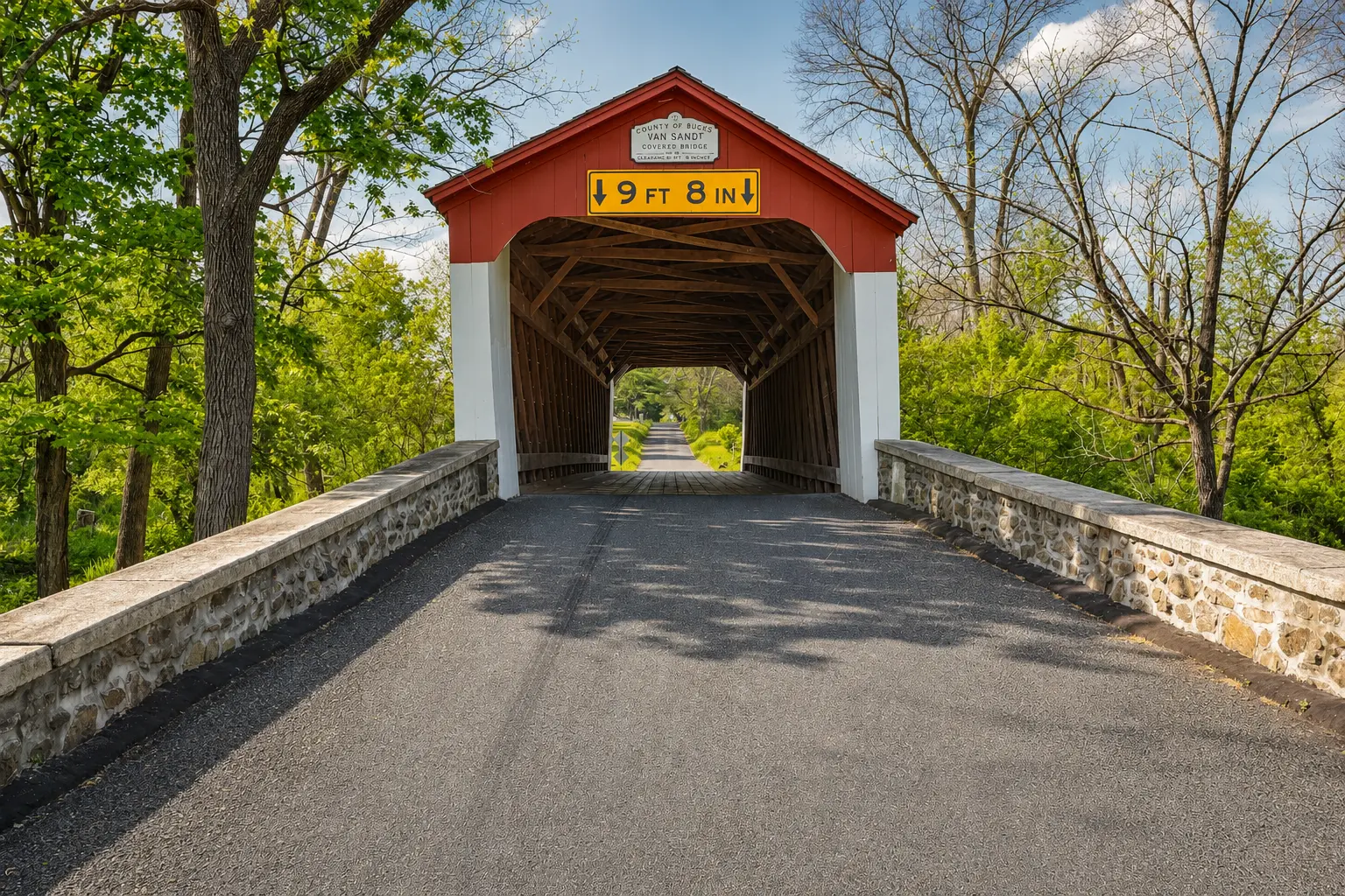 Historic Van Sandt Covered Bridge surrounded by trees in Bucks County, Pennsylvania