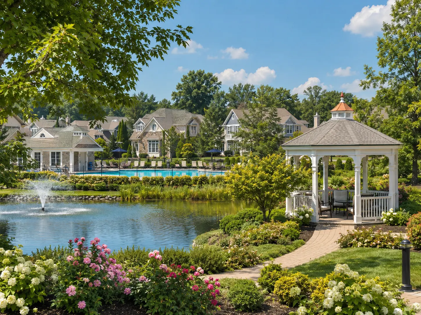 Upscale 55+ community in Langhorne PA with pool, pond and landscaped grounds