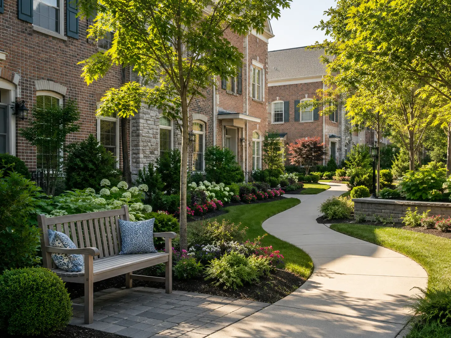 Landscaped walkway and garden area in a Doylestown townhome community
