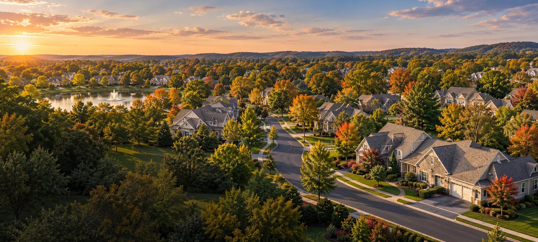 Aerial view of a Bucks County 55+ community with landscaped homes, mature trees, sidewalks and early fall color.