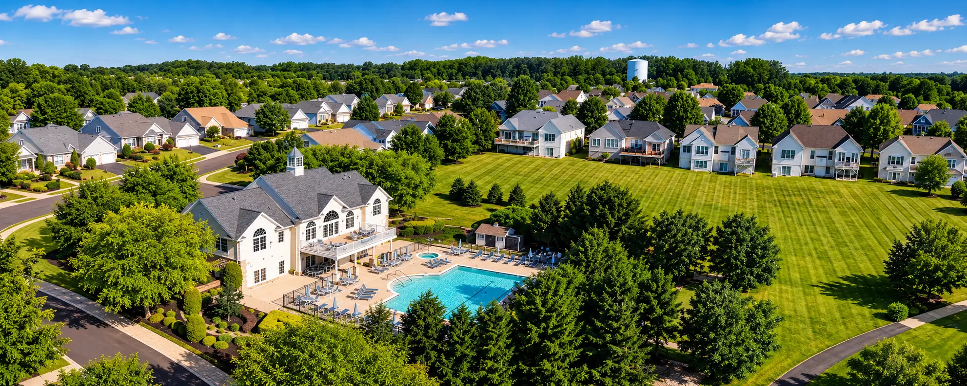 Aerial view of Regency at Northampton, an established Bucks County 55+ community with a clubhouse and outdoor pool.
