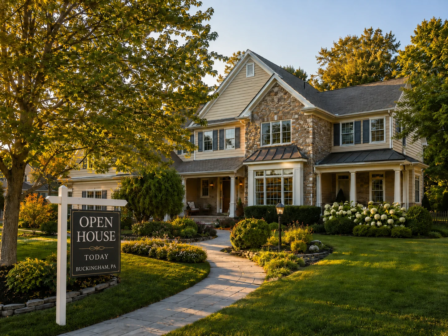 Open house sign in front of a Buckingham PA home with mature landscaping