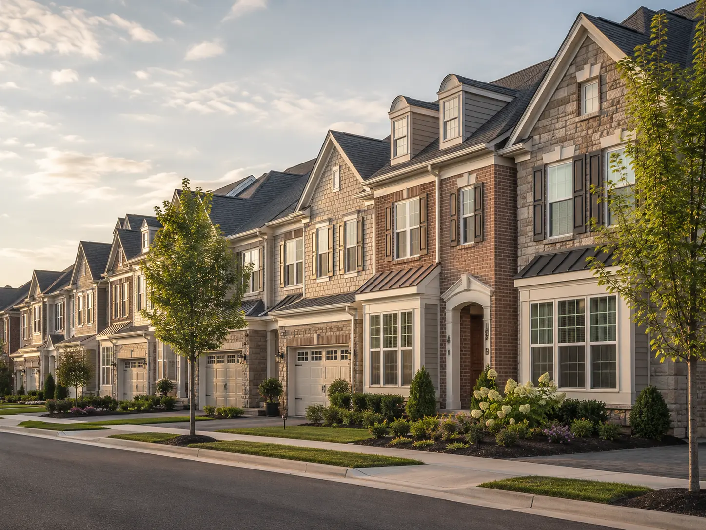 Buckingham, PA townhomes with stone and brick exteriors, garages, sidewalks, and landscaped front yards.