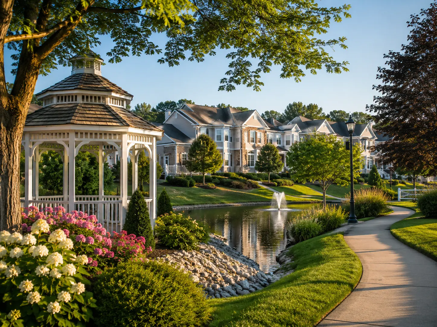 Buckingham townhome community with gazebo, pond, walking path, landscaping, and maintained common areas.