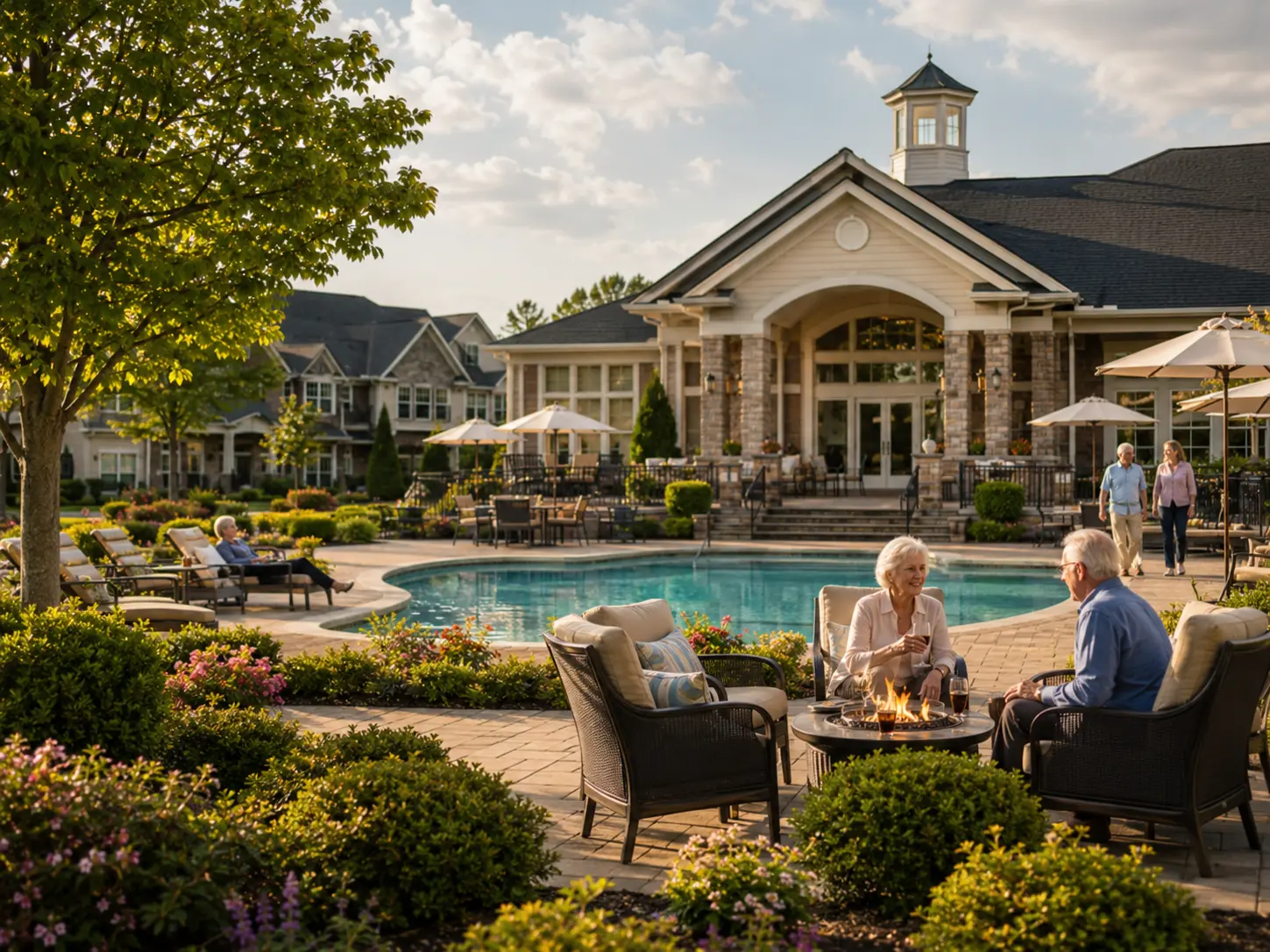 Clubhouse, pool and patio amenities at a Bucks County 55+ community