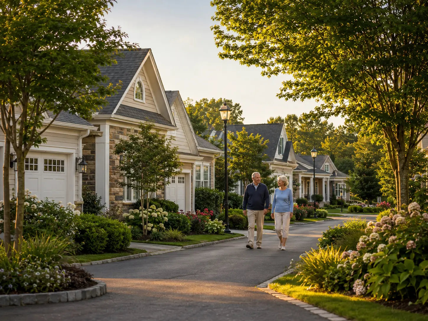 Active adults walking through a landscaped 55+ community in Bucks County