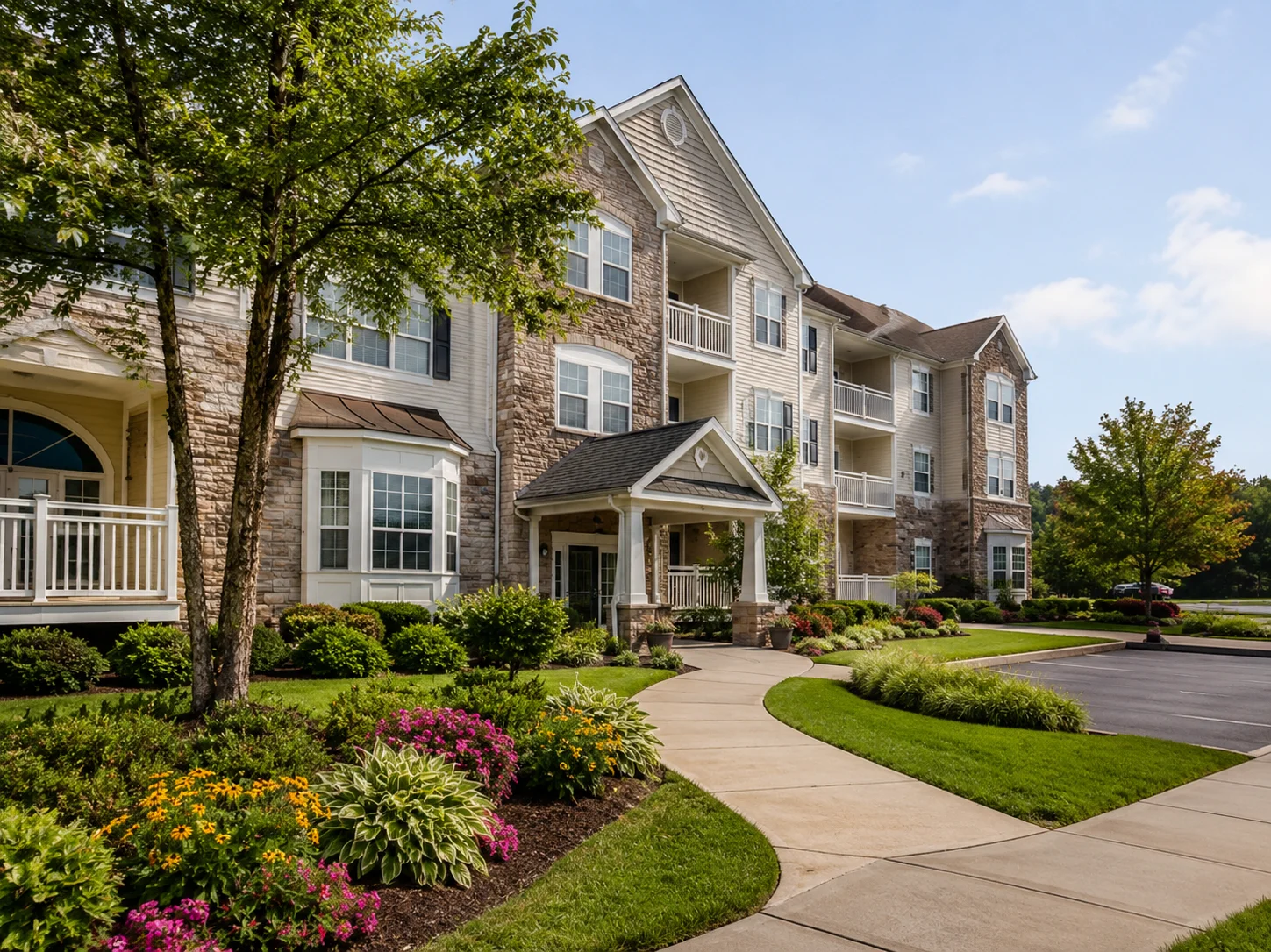 55+ condo community with stone exterior and landscaped entrance in Bucks County, PA