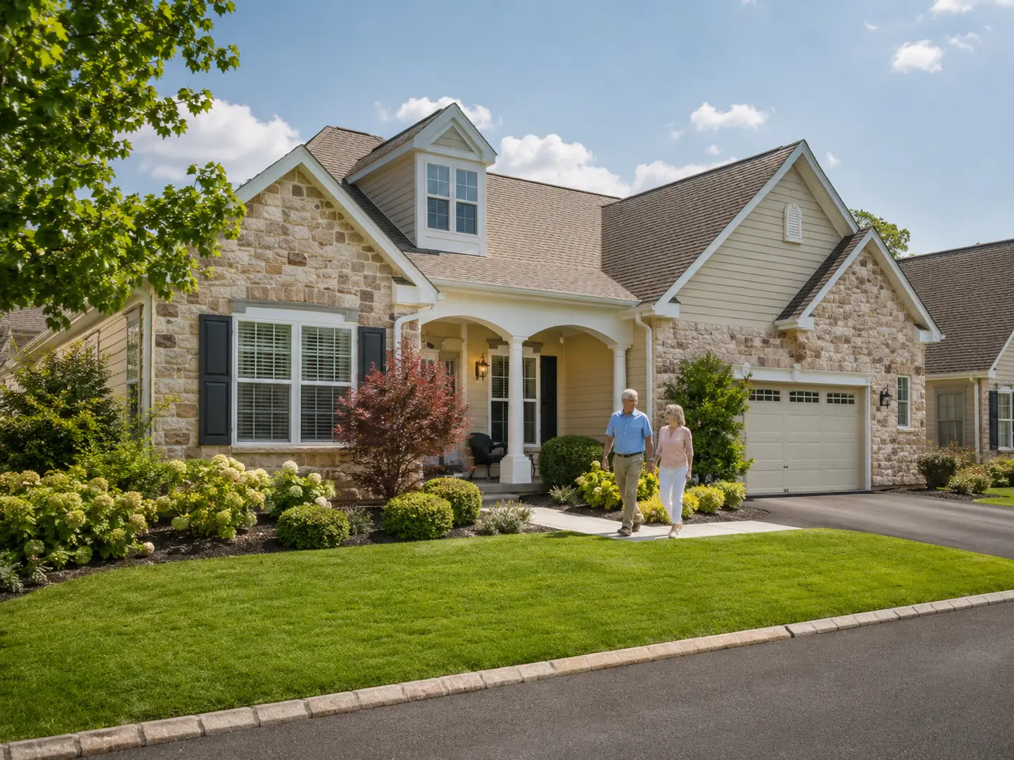 Detached home in a Bucks County 55+ community with mature landscaping and active adult residents.