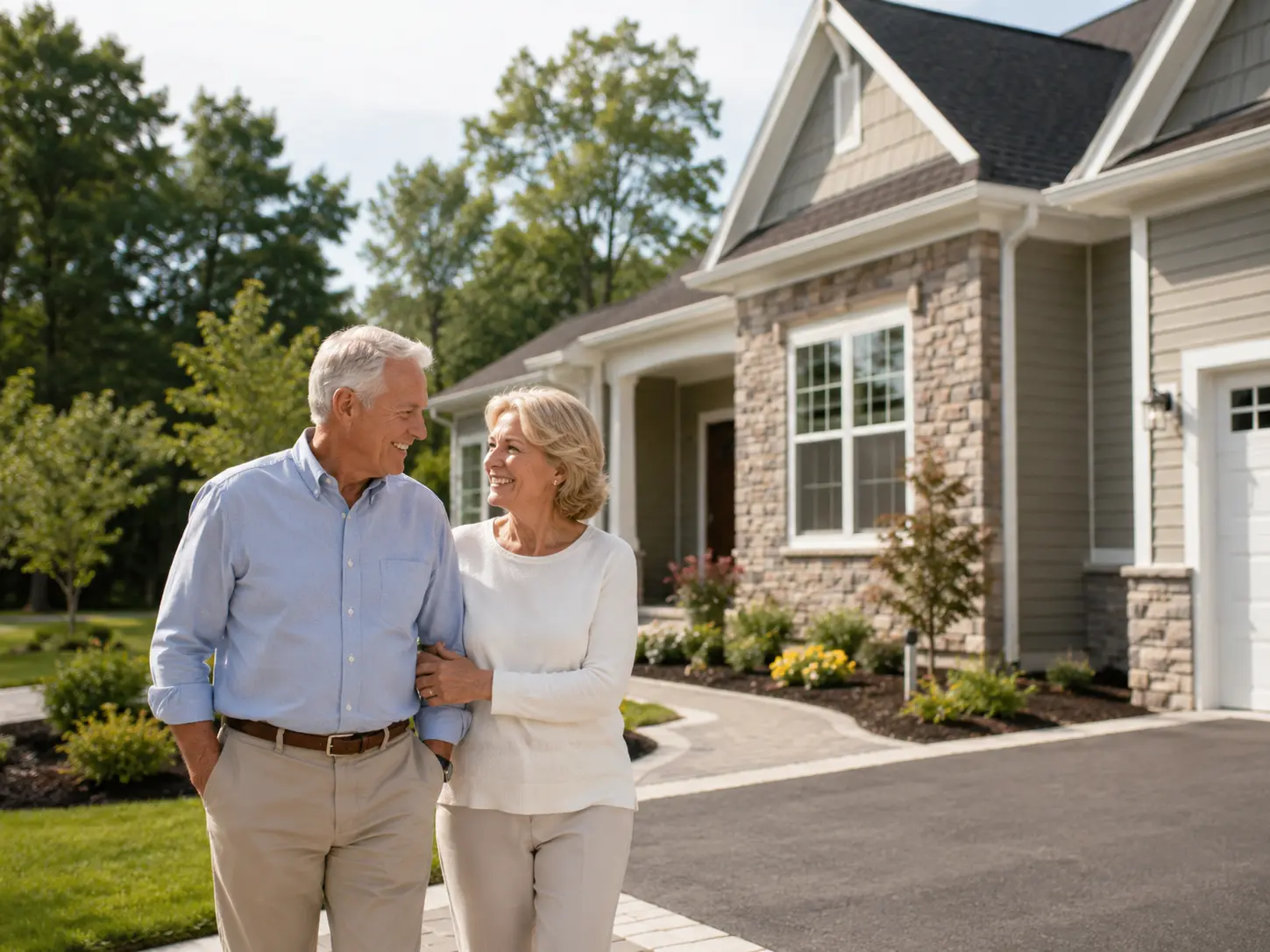 Active adult couple outside a new construction home in a Bucks County 55+ community.