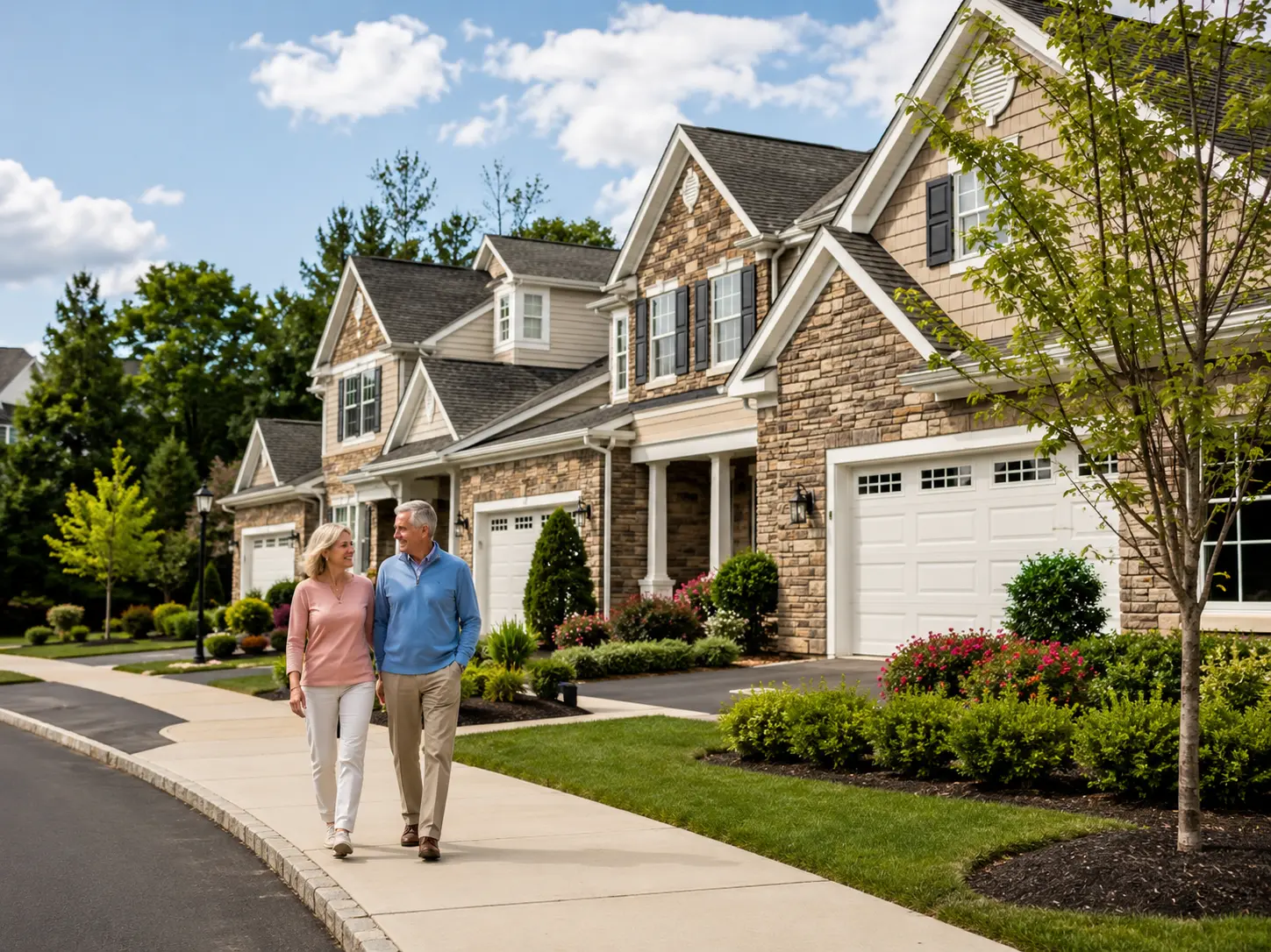 Active adult couple walking through a Bucks County 55+ townhome community.