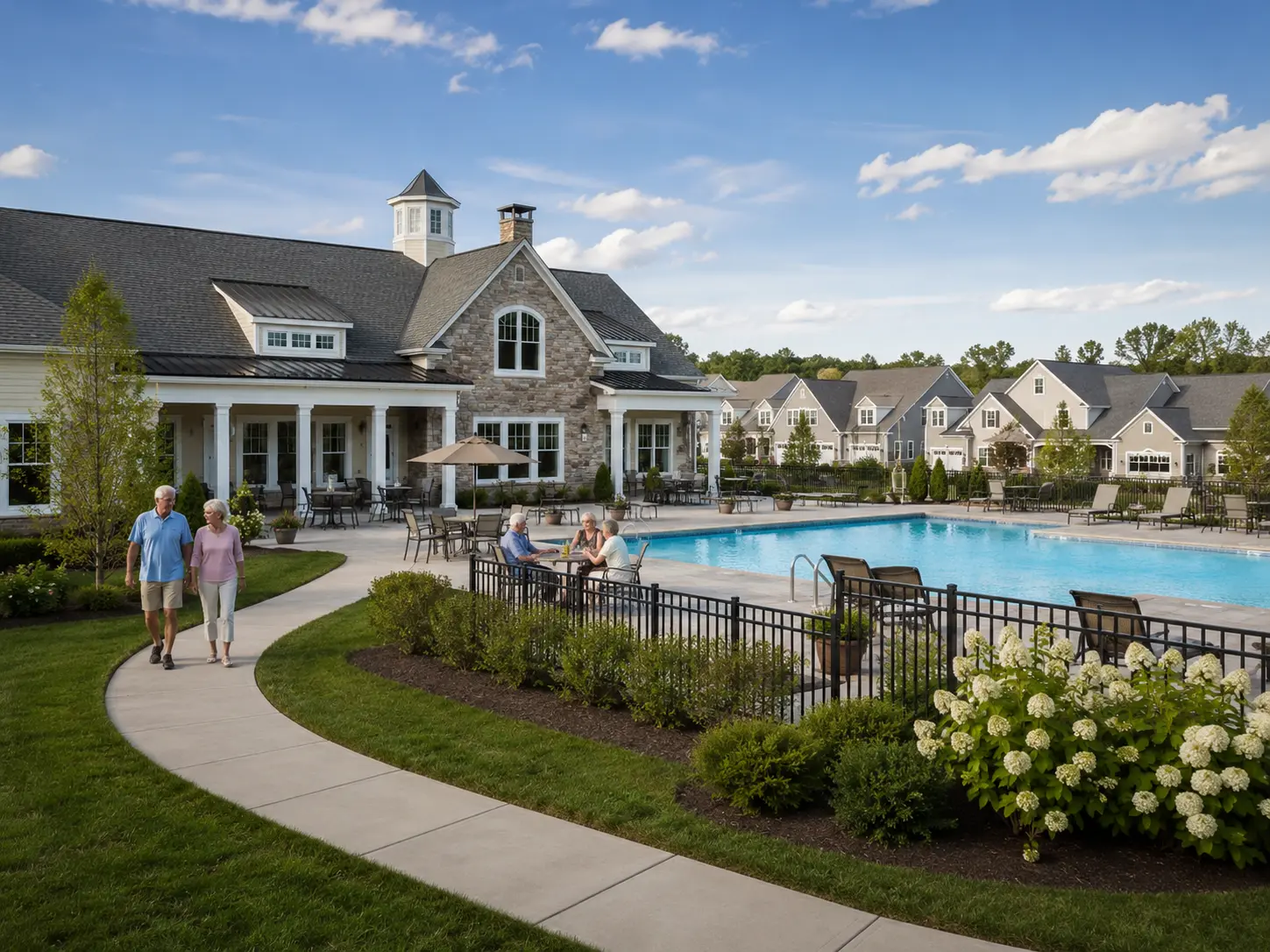 Clubhouse and outdoor pool in a Bucks County active adult townhome community.