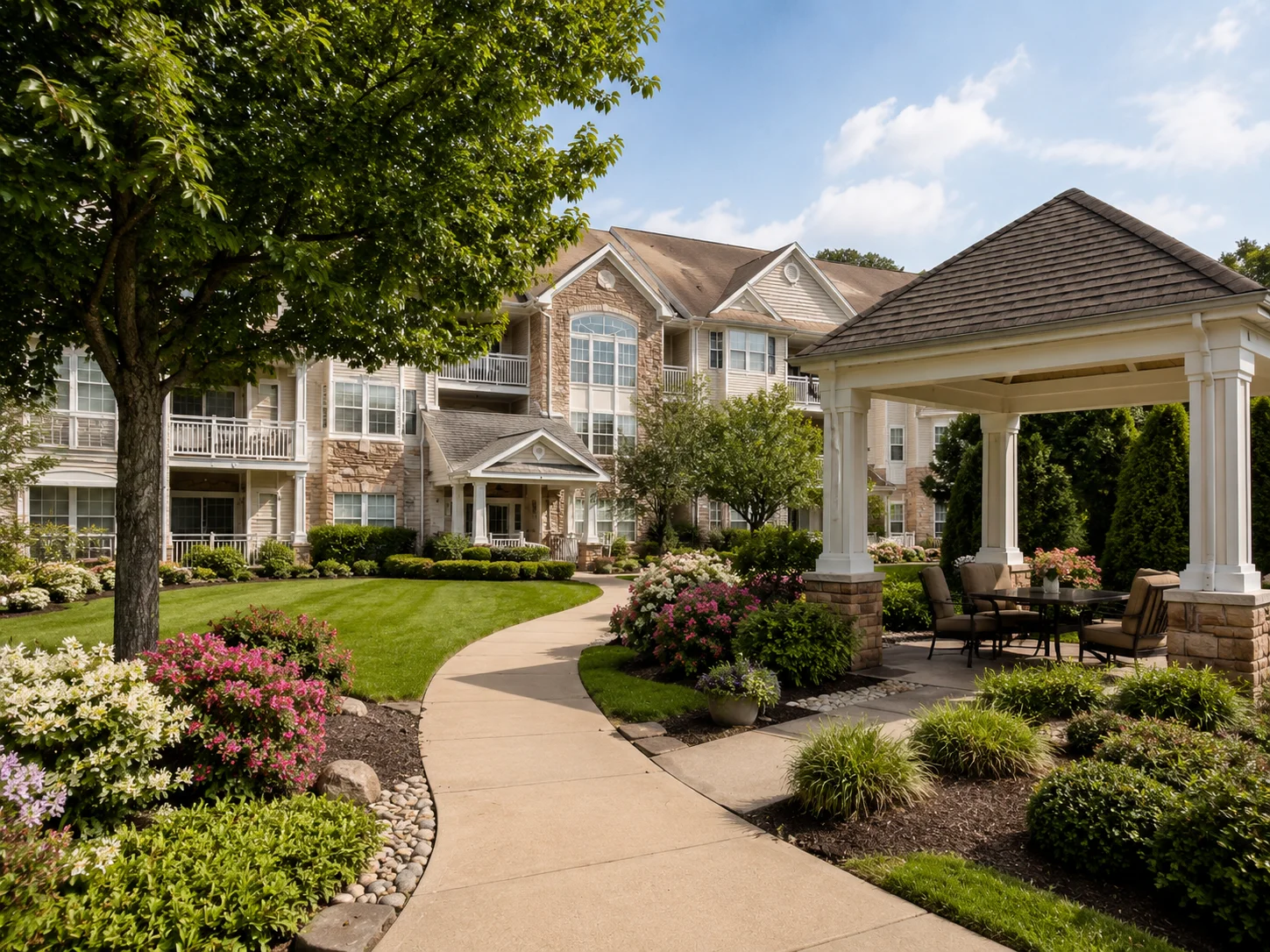 Landscaped courtyard and gazebo at a 55+ condo community in Bucks County, PA