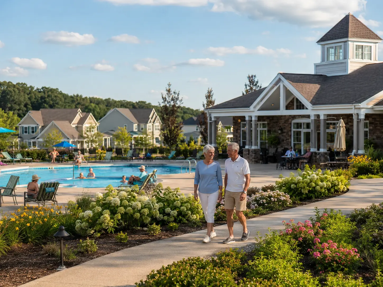 Active adults walking near a clubhouse and pool in a Bucks County 55+ community.