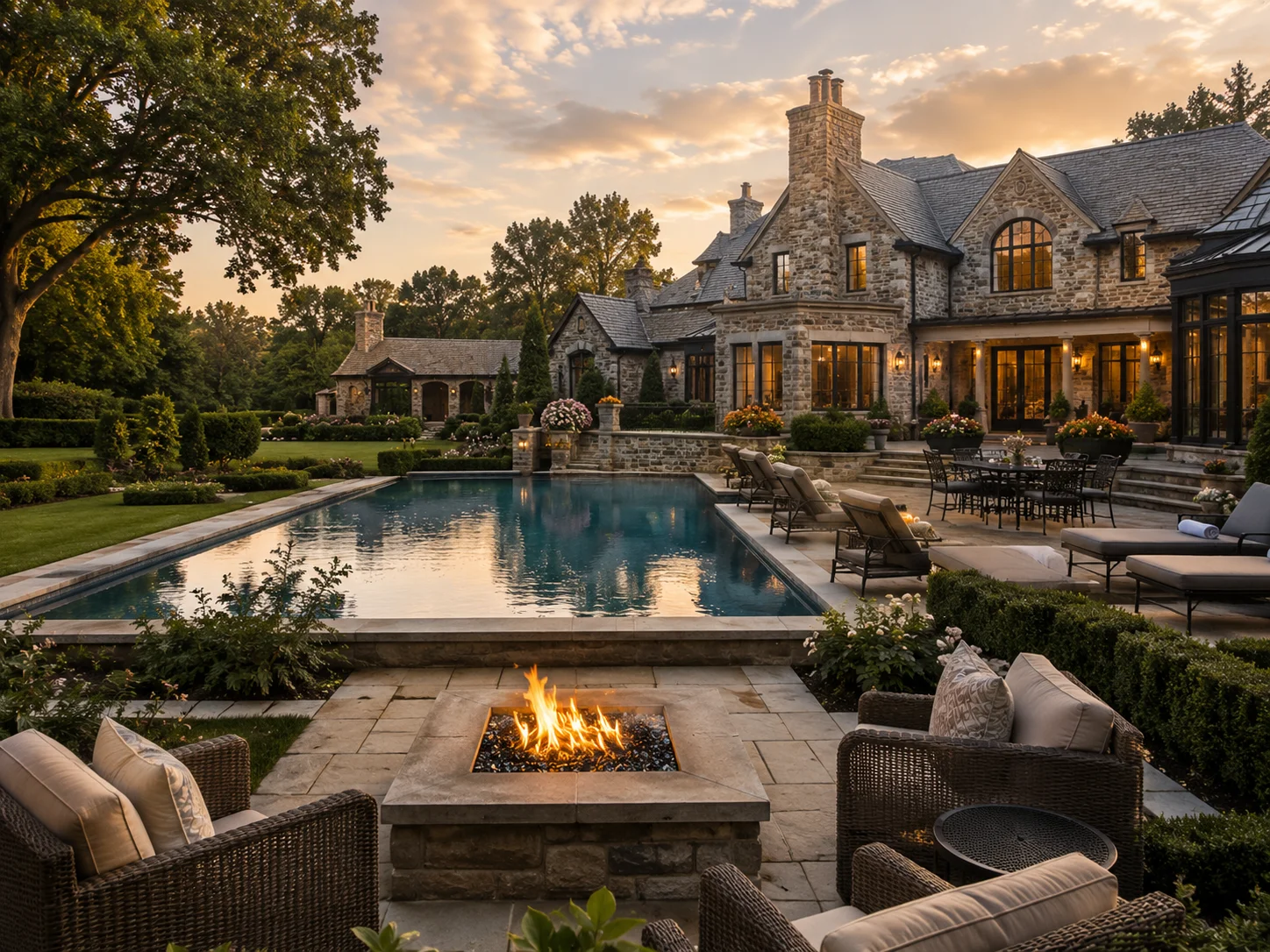 Luxury estate backyard in Bucks County with pool, patio, and fire pit at golden hour