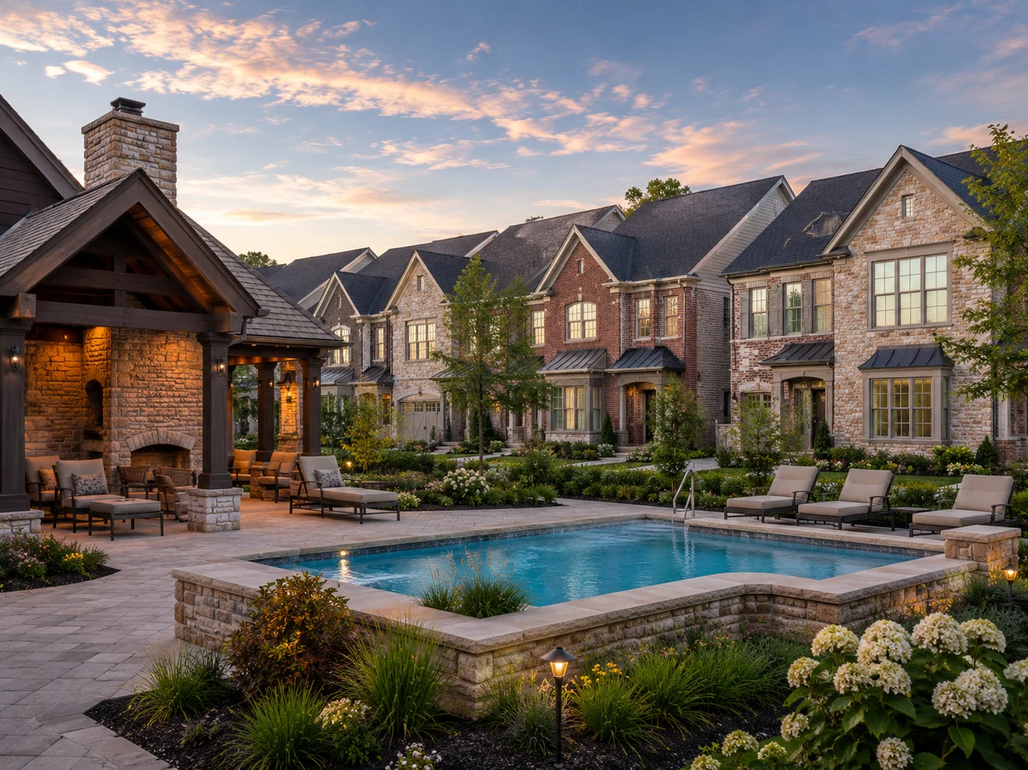 Luxury townhome community with a pool, pavilion and landscaped courtyard