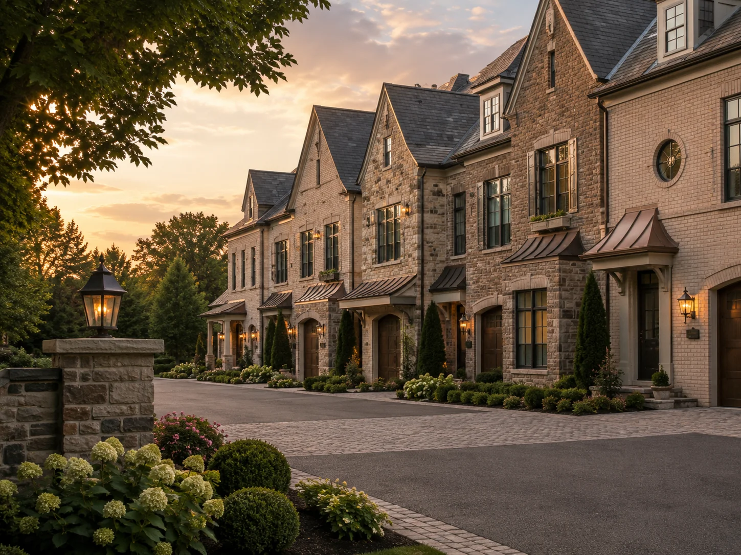 Luxury townhomes in Bucks County with elegant stone exteriors at sunset