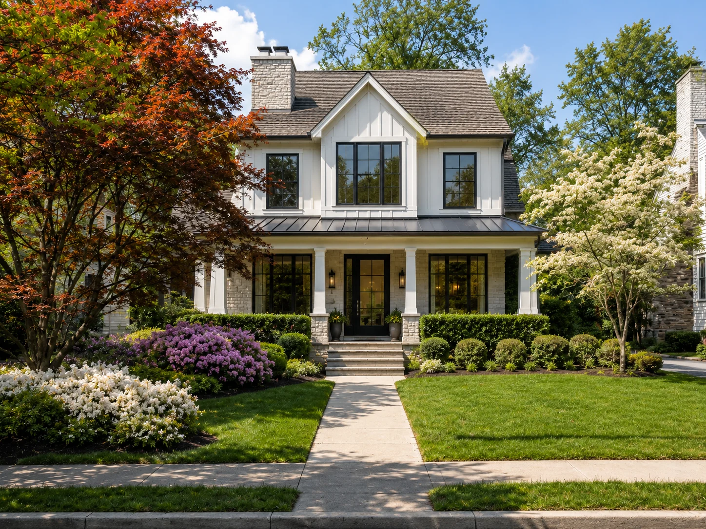 Modern Bucks County home with landscaped front yard and walkway