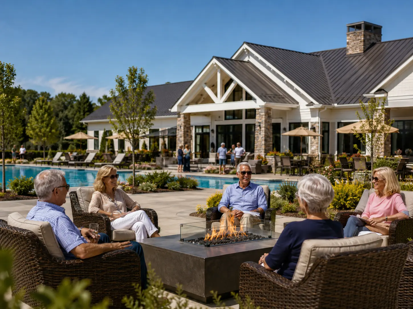 Residents socializing by the pool and clubhouse in a Bucks County active adult community.