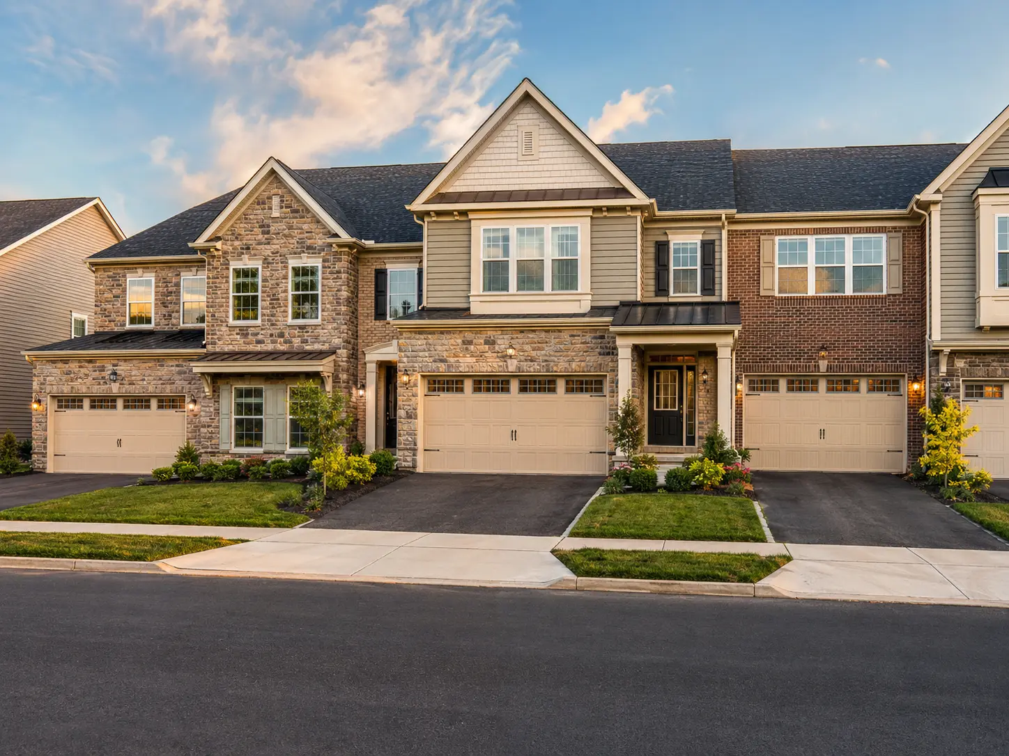 New construction townhomes with two-car garages in Bucks County, Pennsylvania.
