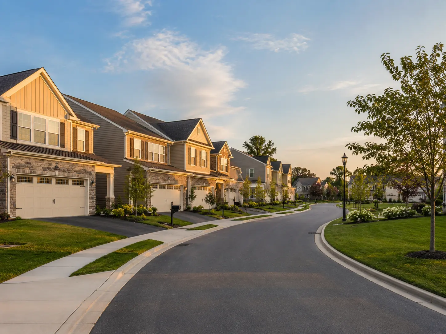 New Bucks County townhome community with two-car garages and landscaped streets.