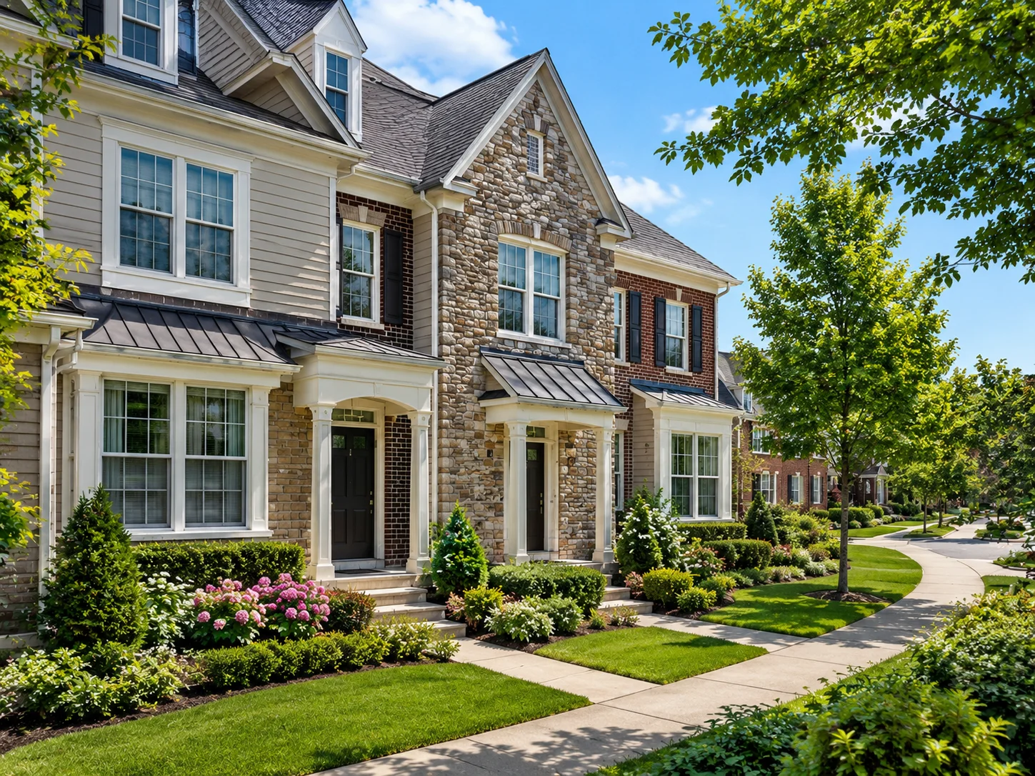 Close-up view of Bucks County townhomes with stone details, landscaped lawns and mature trees.