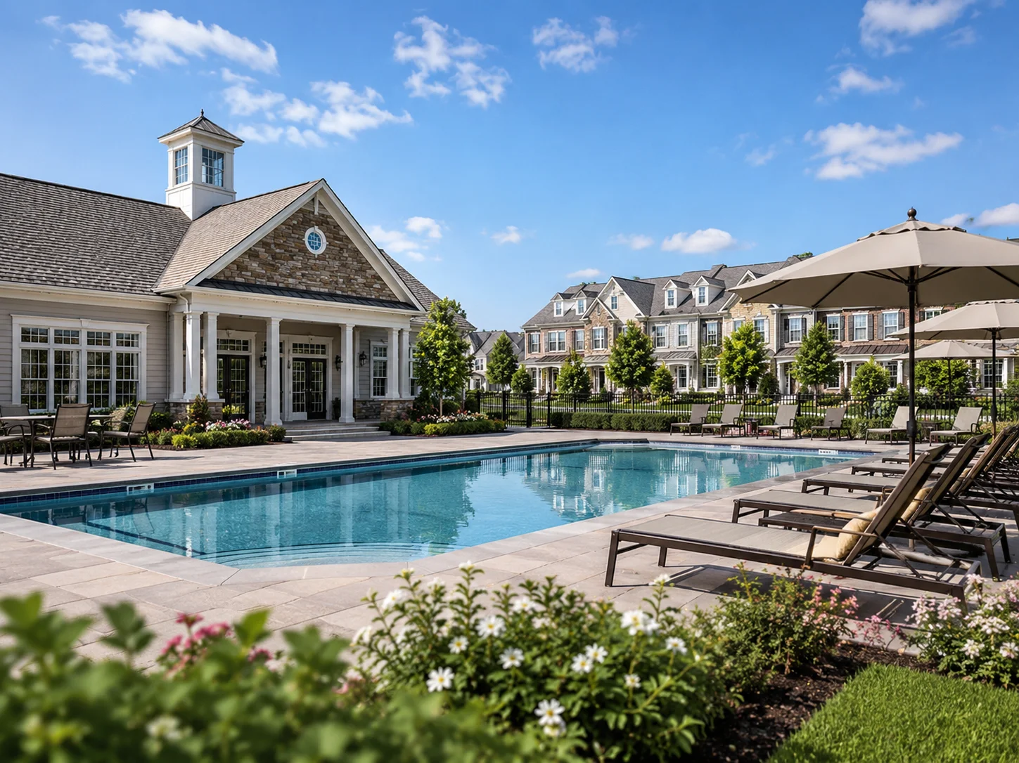 Bucks County townhome community with a clubhouse, outdoor pool, landscaped grounds and blue skies.
