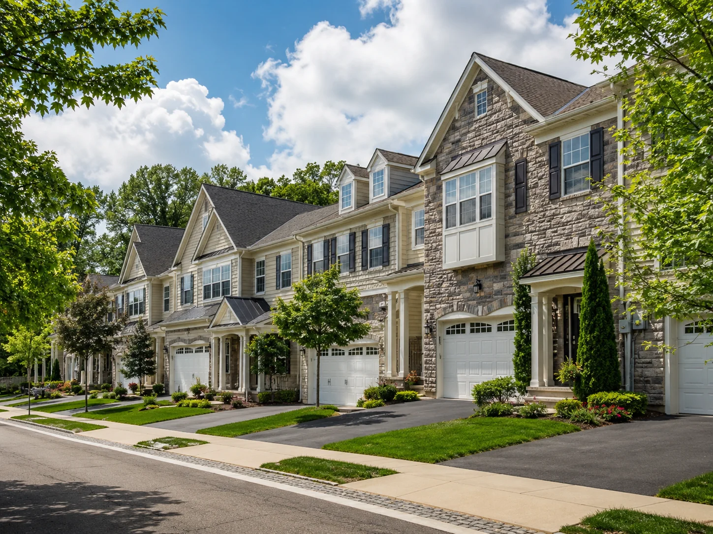 Upscale Bucks County townhomes with stone facades, attached garages and landscaped streets.