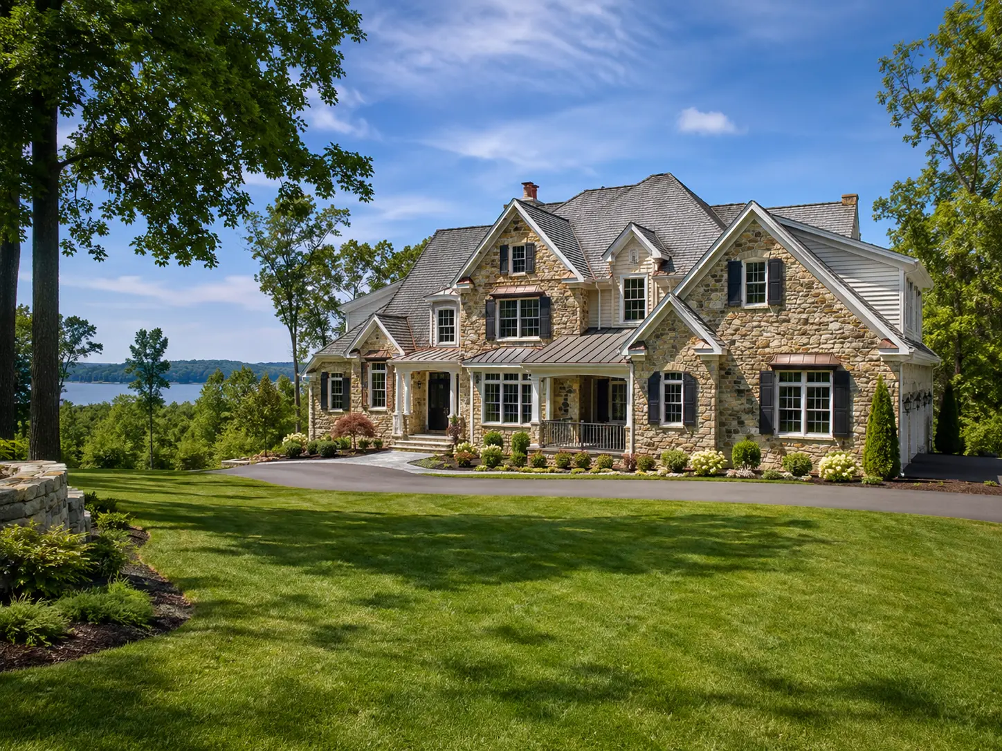Stand-alone luxury home near Lake Galena and Peace Valley Park with a large private lawn, mature trees, and scenic lake views
