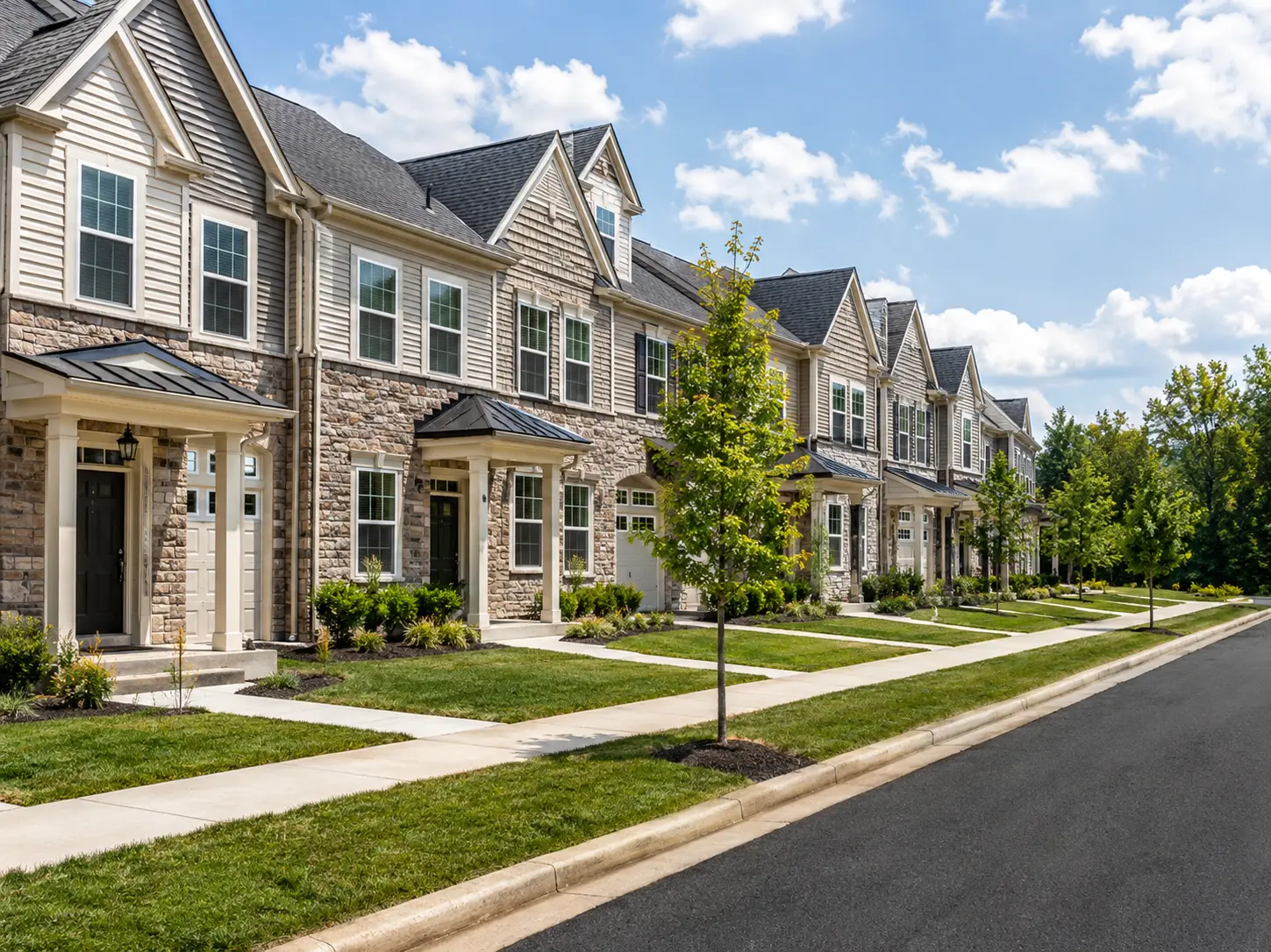New construction townhomes in the Chalfont area with sidewalks, landscaped lawns, and modern stone-and-siding exteriors
