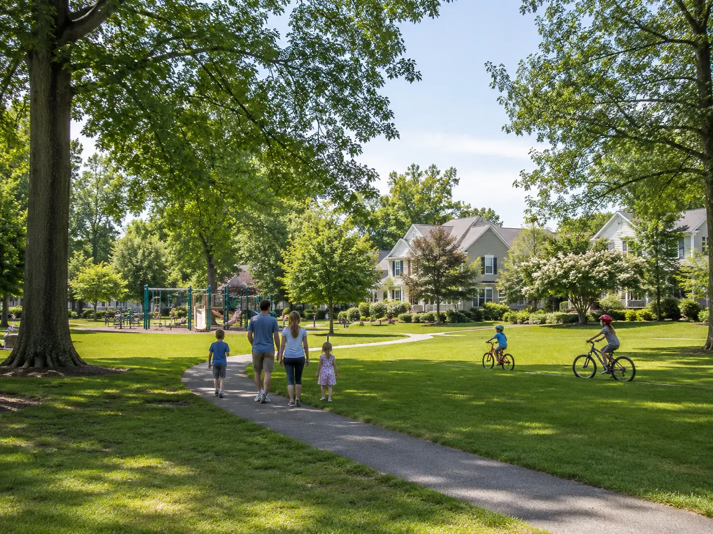 Neighborhood park in Chalfont, PA, with walking paths, playground, mature trees, and nearby homes.