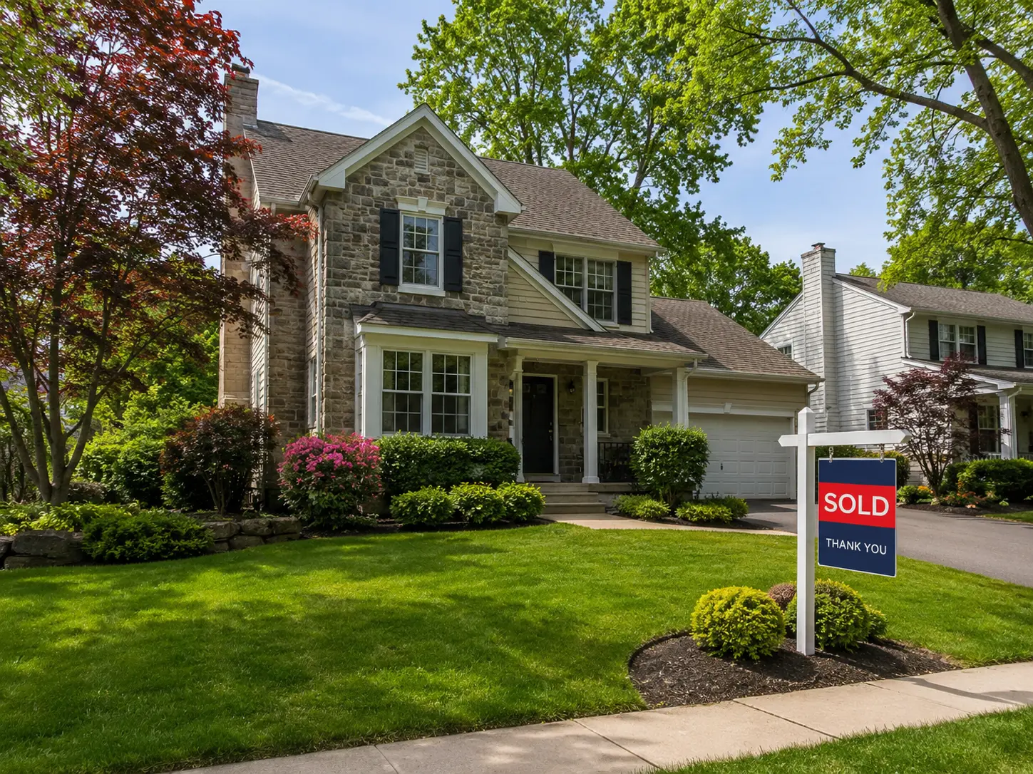 Recently sold home in Chalfont PA with a landscaped front yard and mature trees