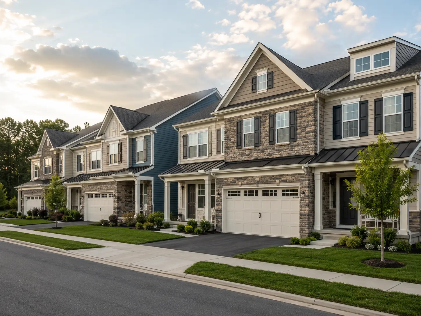 Newer townhomes with garages and landscaped lawns in the Chalfont PA area