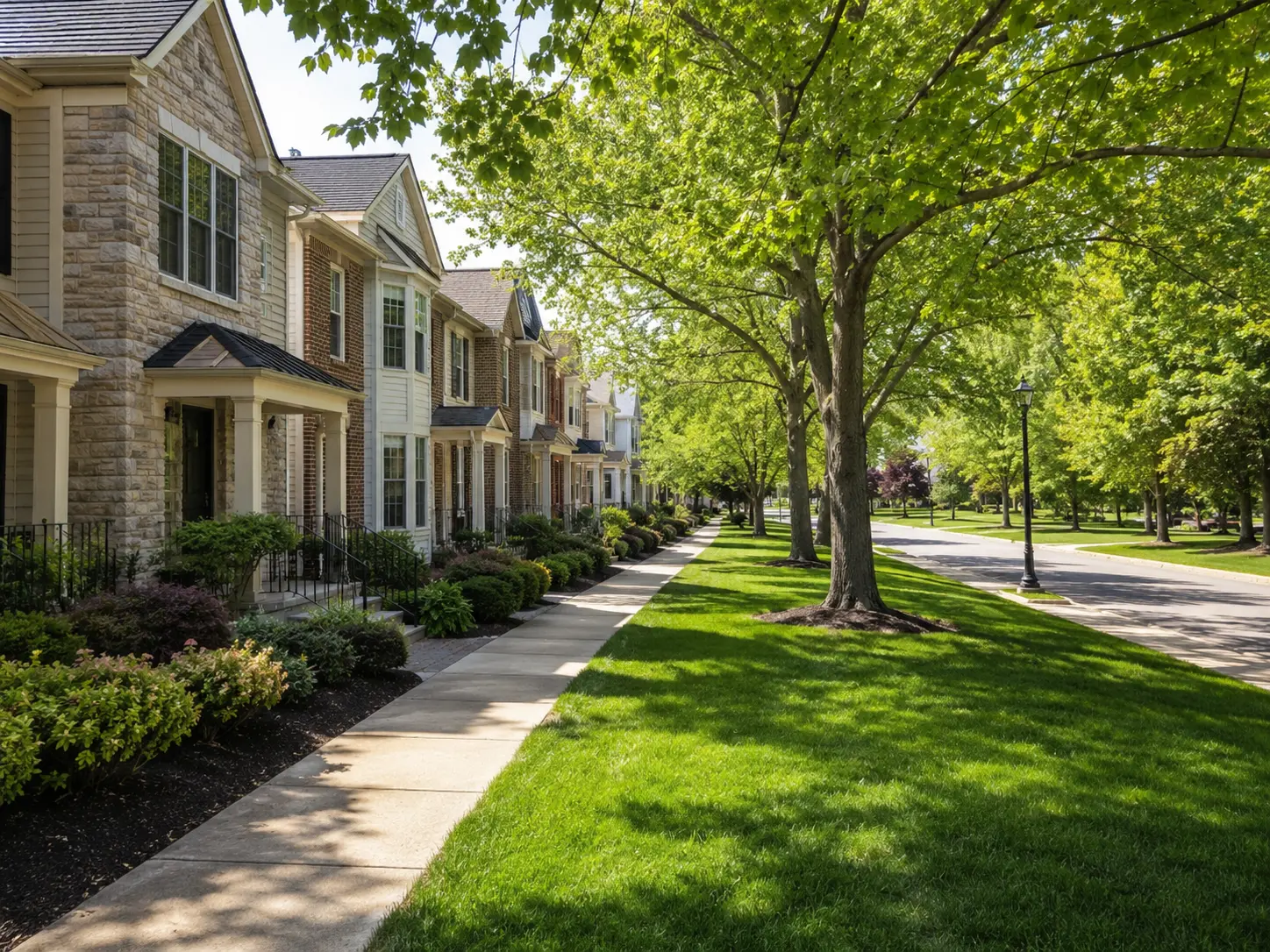 Tree-lined Chalfont townhome community with sidewalks, mature landscaping, and well-maintained homes
