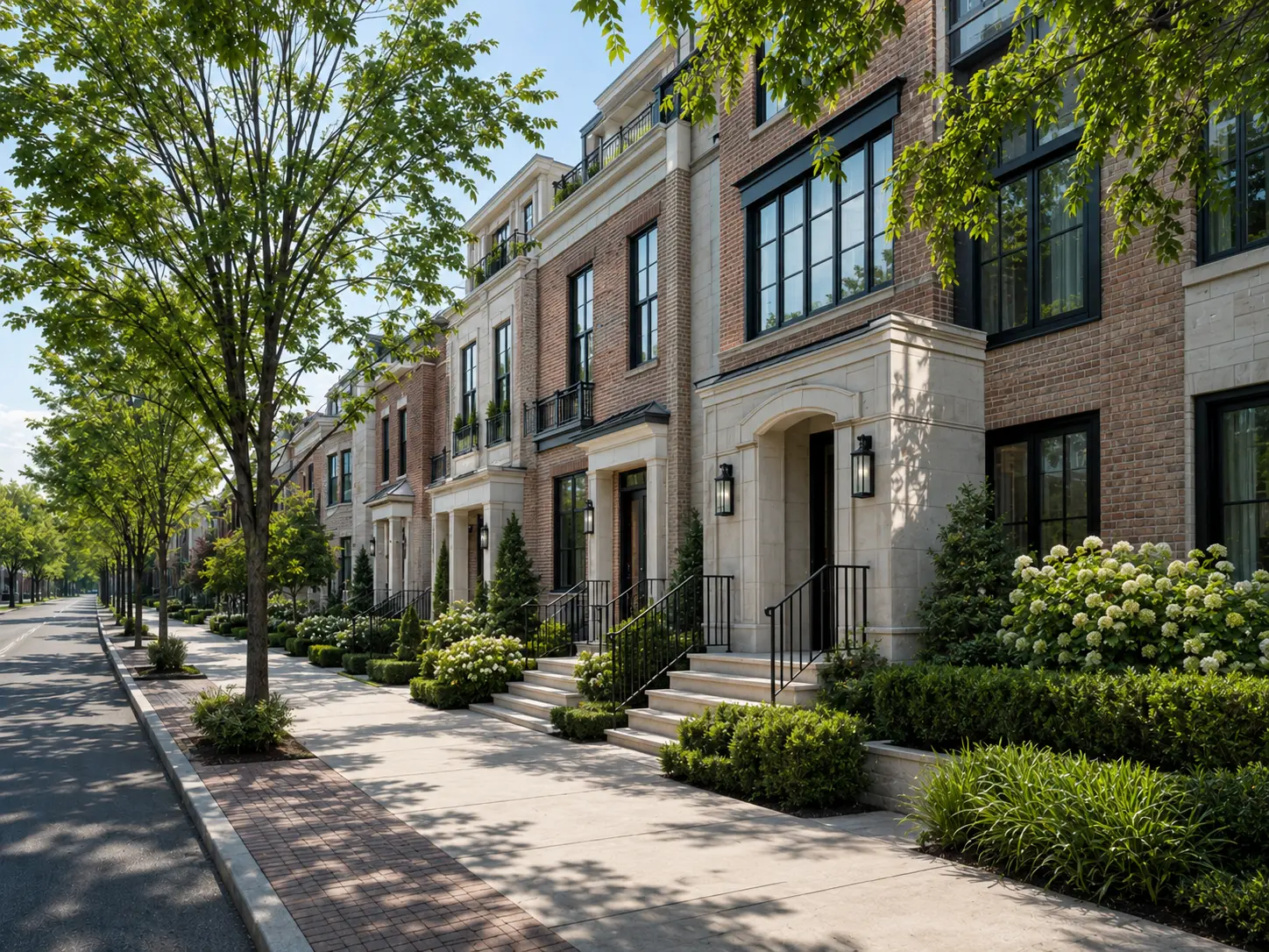 Boutique new construction townhomes with brick and stone exteriors in Doylestown Borough
