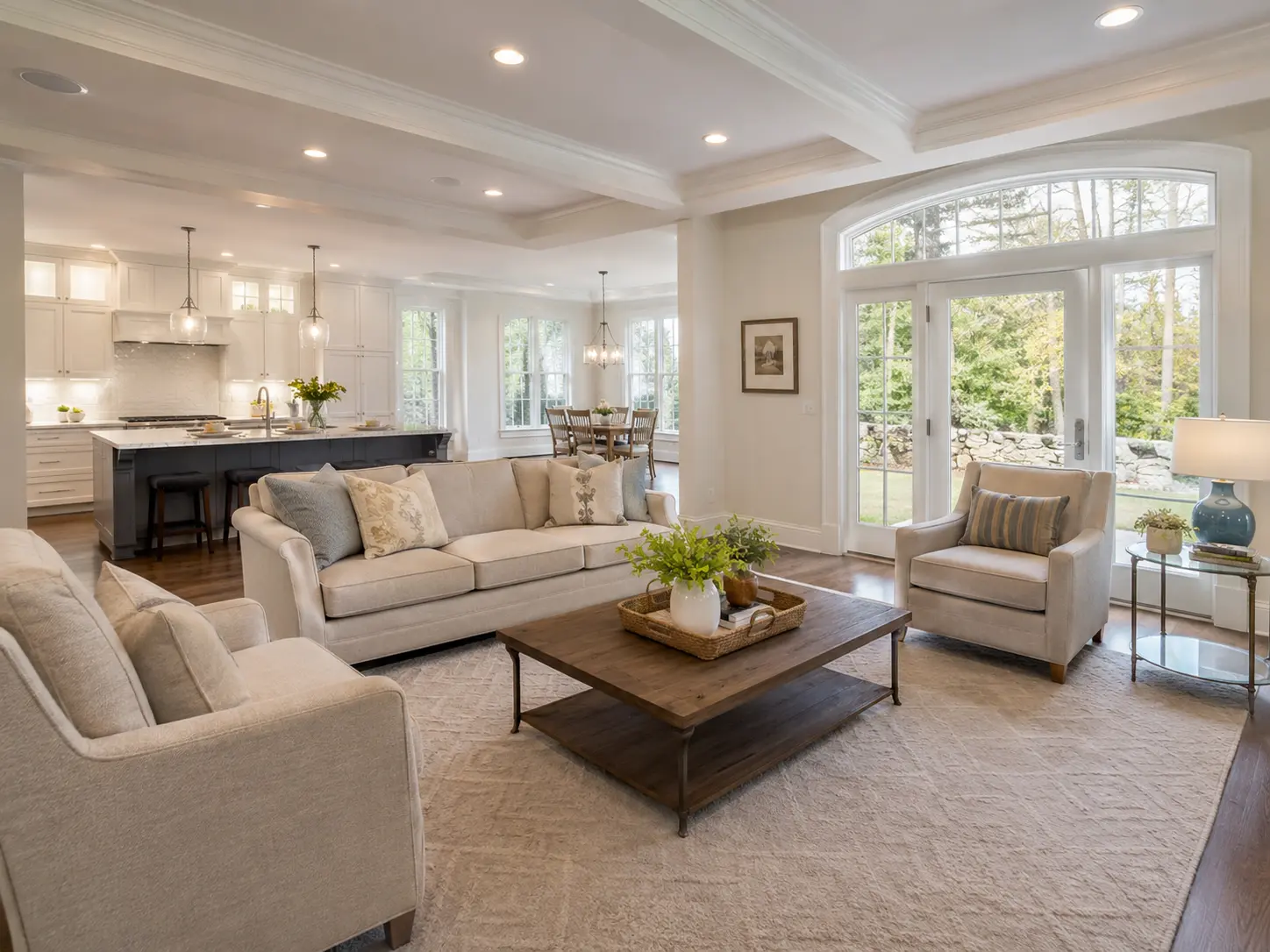 Bright living room and kitchen in a Doylestown PA home during an open house