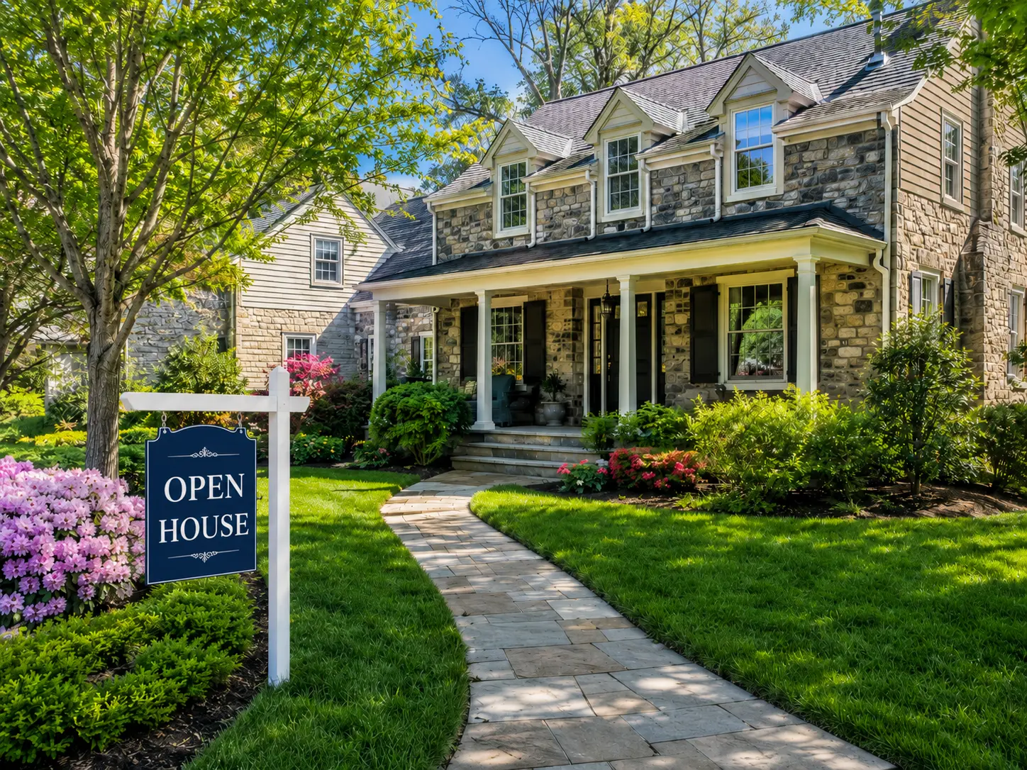 Open house sign in front of a stone home in Doylestown PA