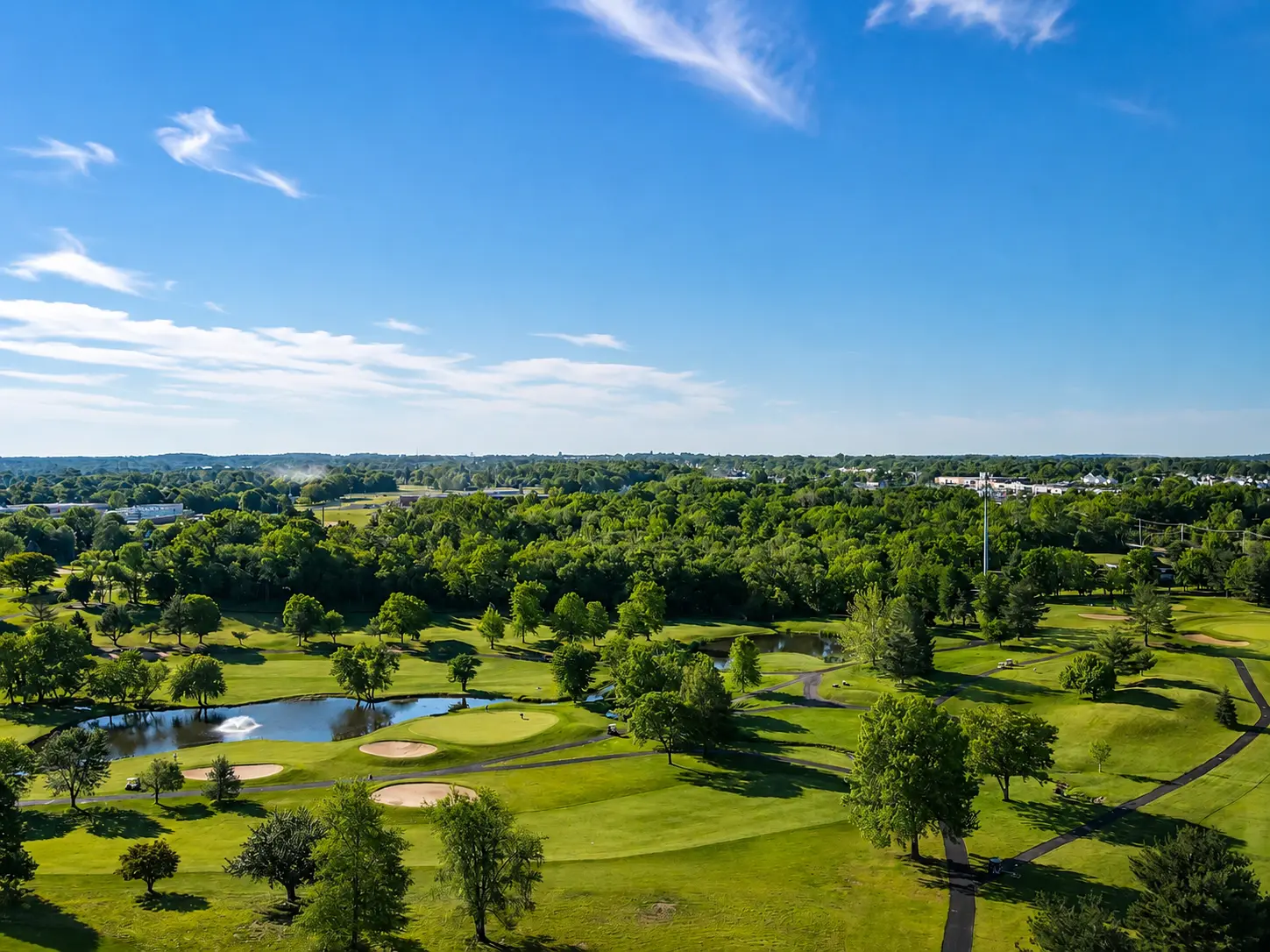 Five Ponds Golf Course in Warminster, PA, with fairways, ponds, and surrounding greenery.