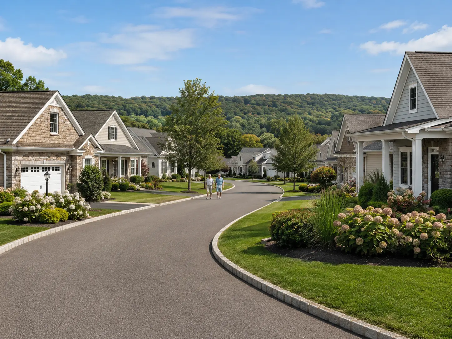 Scenic 55 plus community street with single-family homes and rolling hills in New Hope PA