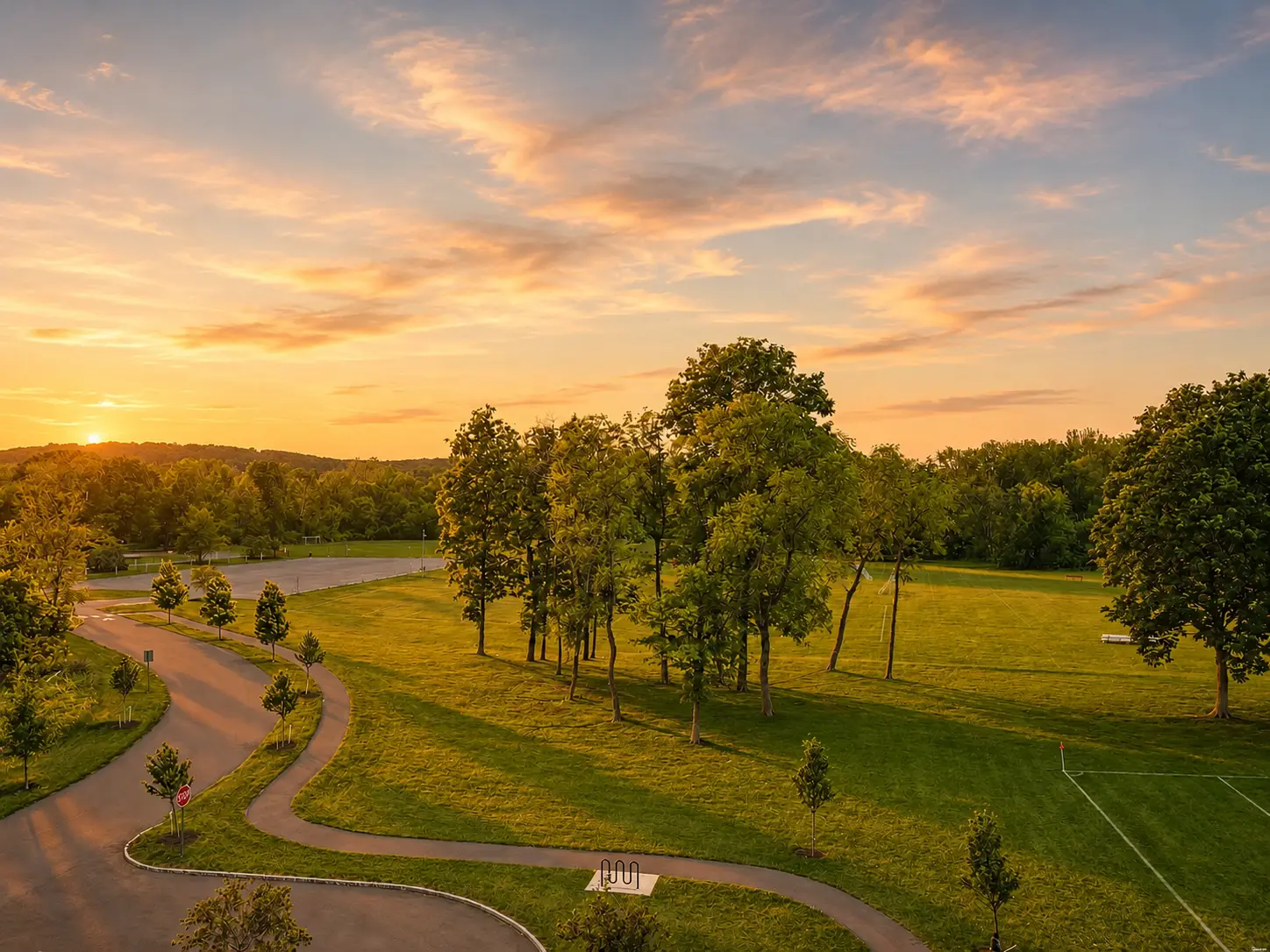 Golden hour at Holicong Park in Buckingham Township, PA, with walking paths and open fields.