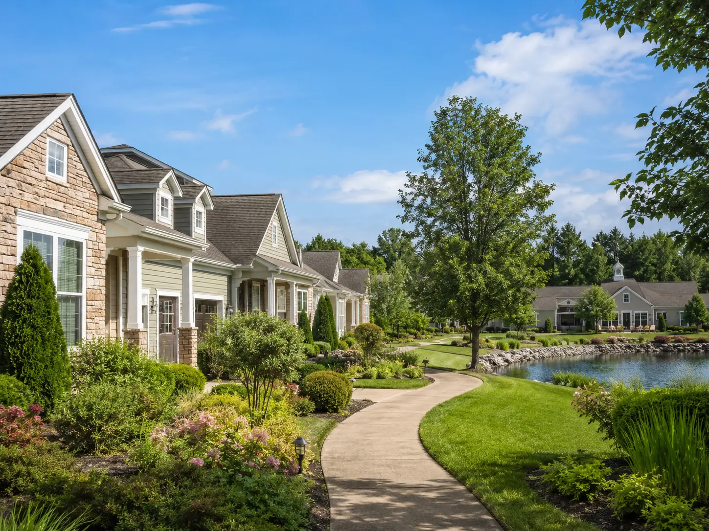 Scenic Langhorne area townhome community with walking path, pond, landscaping, and clubhouse-style amenities