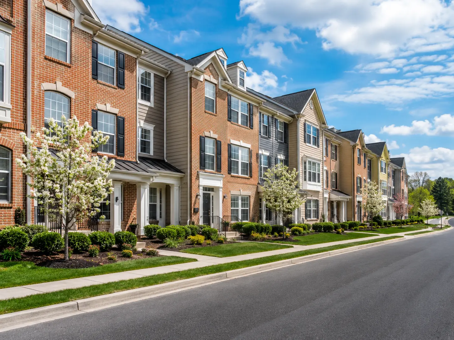 Beautiful row of brick and siding townhomes in Langhorne PA with landscaped sidewalks and spring trees