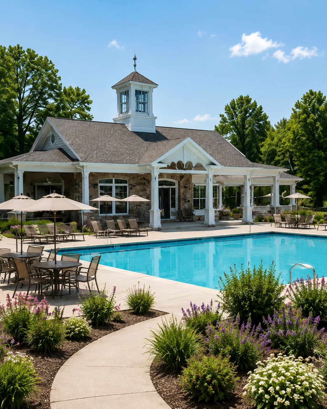 Clubhouse and pool representing 55+ active adult living