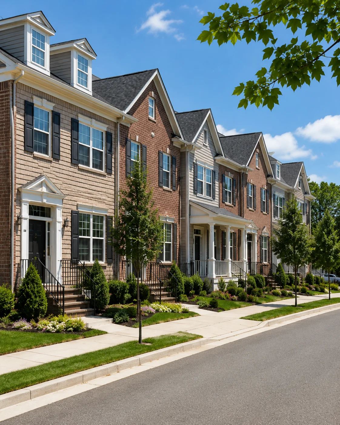 Townhome streetscape representing Bucks County townhome living