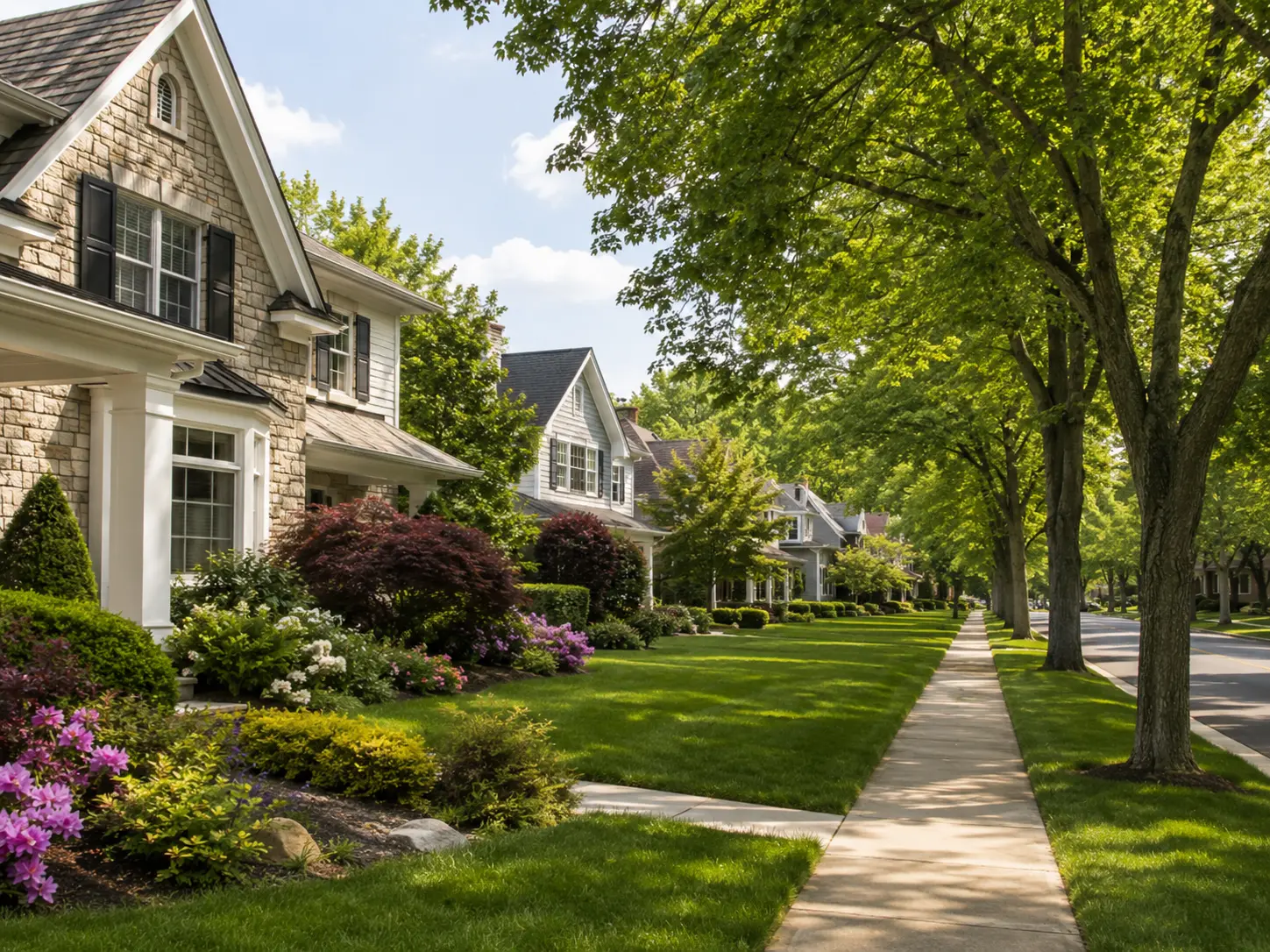 Tree-lined Lower Makefield neighborhood street with beautiful homes and sidewalks
