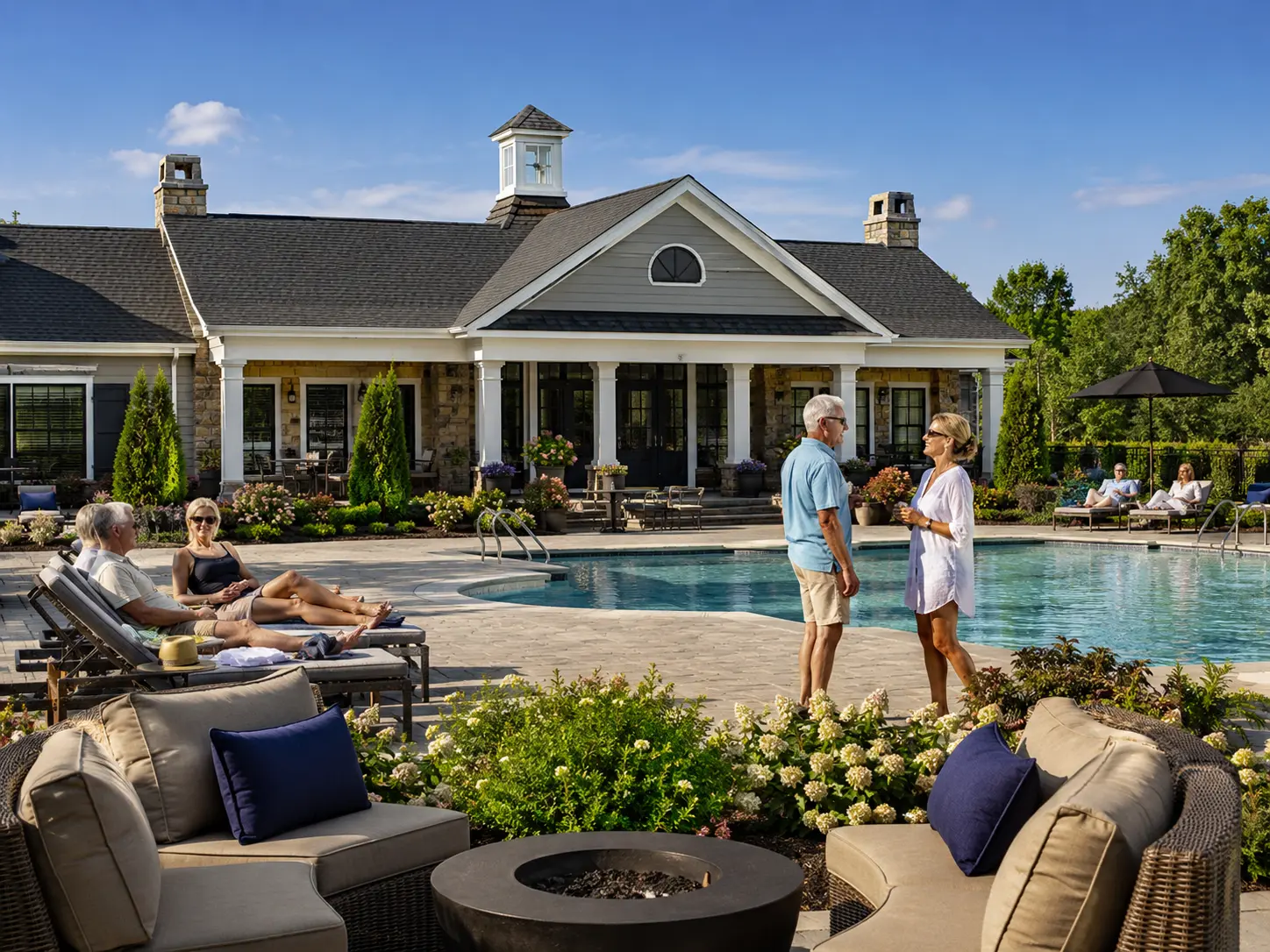 Luxury active adult clubhouse and outdoor pool in a Bucks County 55+ community.