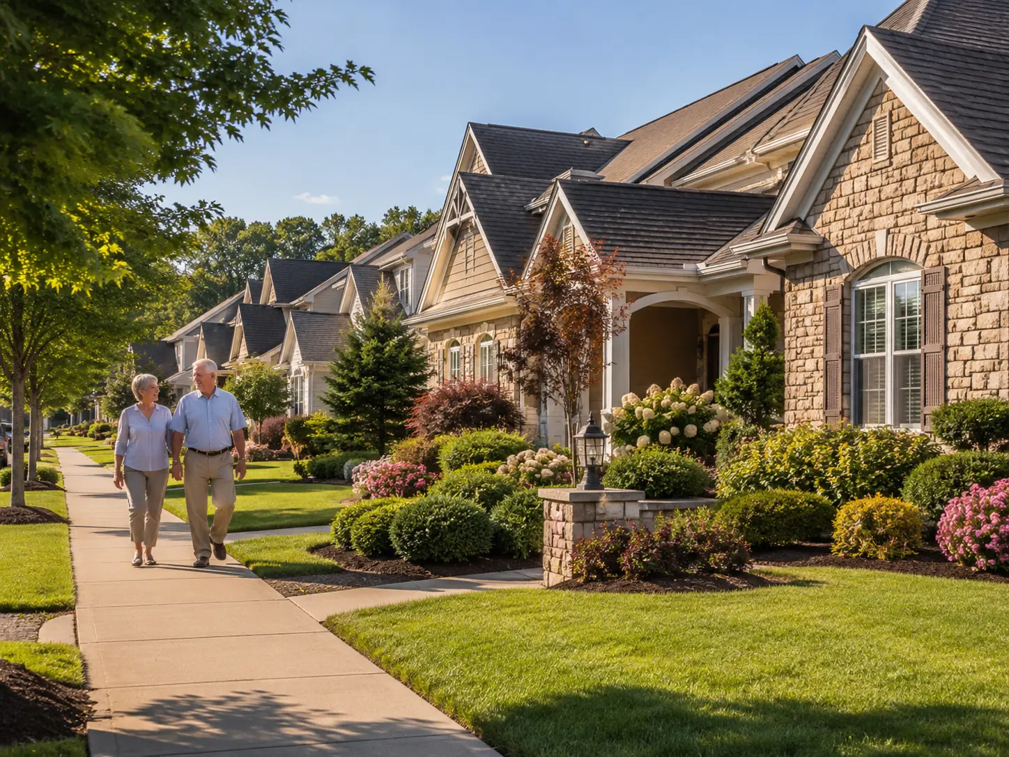 Luxury 55+ community with elegant homes and active adults walking in Bucks County.