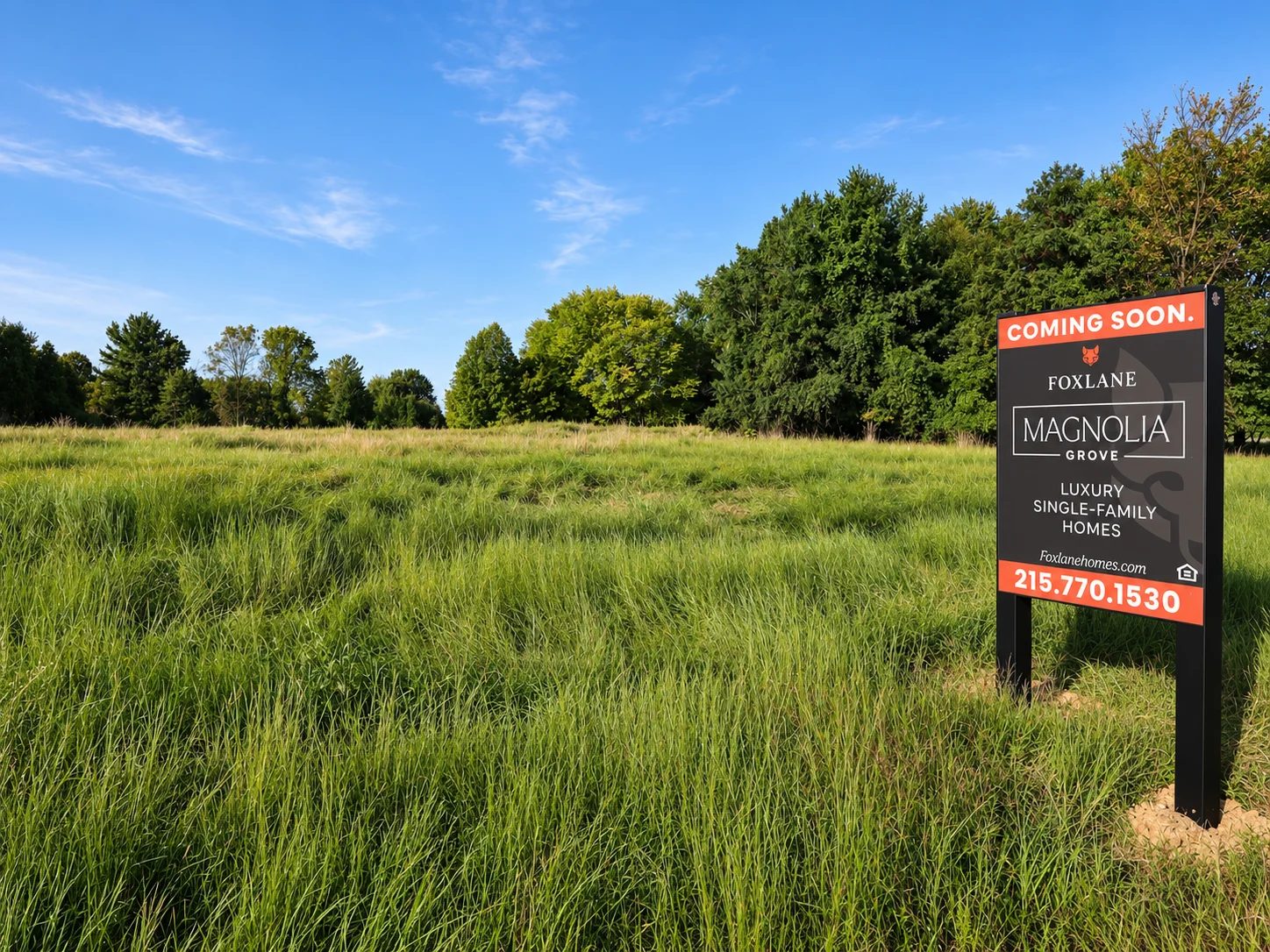 Foxlane Homes Magnolia Grove coming soon sign at the future community site in Churchville, PA